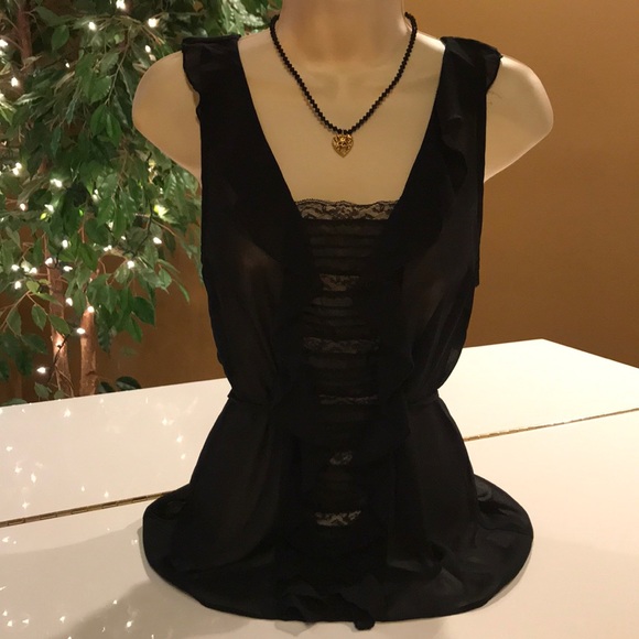Wish Tops - WISH SHEER BLACK LACE TOP WITH TIE @ WAIST MEDIUM